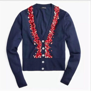 J. CREW NAVY BLUE RED SEQUIN EMBELLISHED CARDIGAN